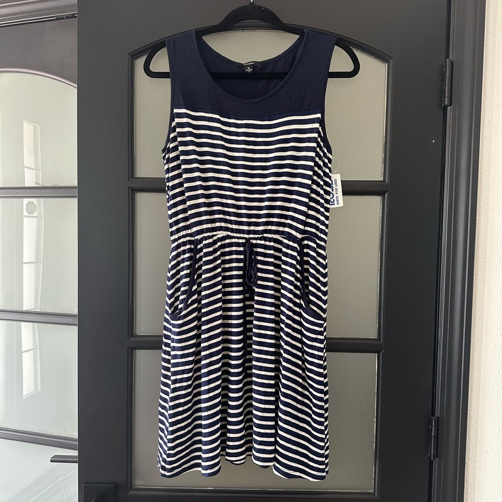 Navy blue and cream stripe sleeveless dress